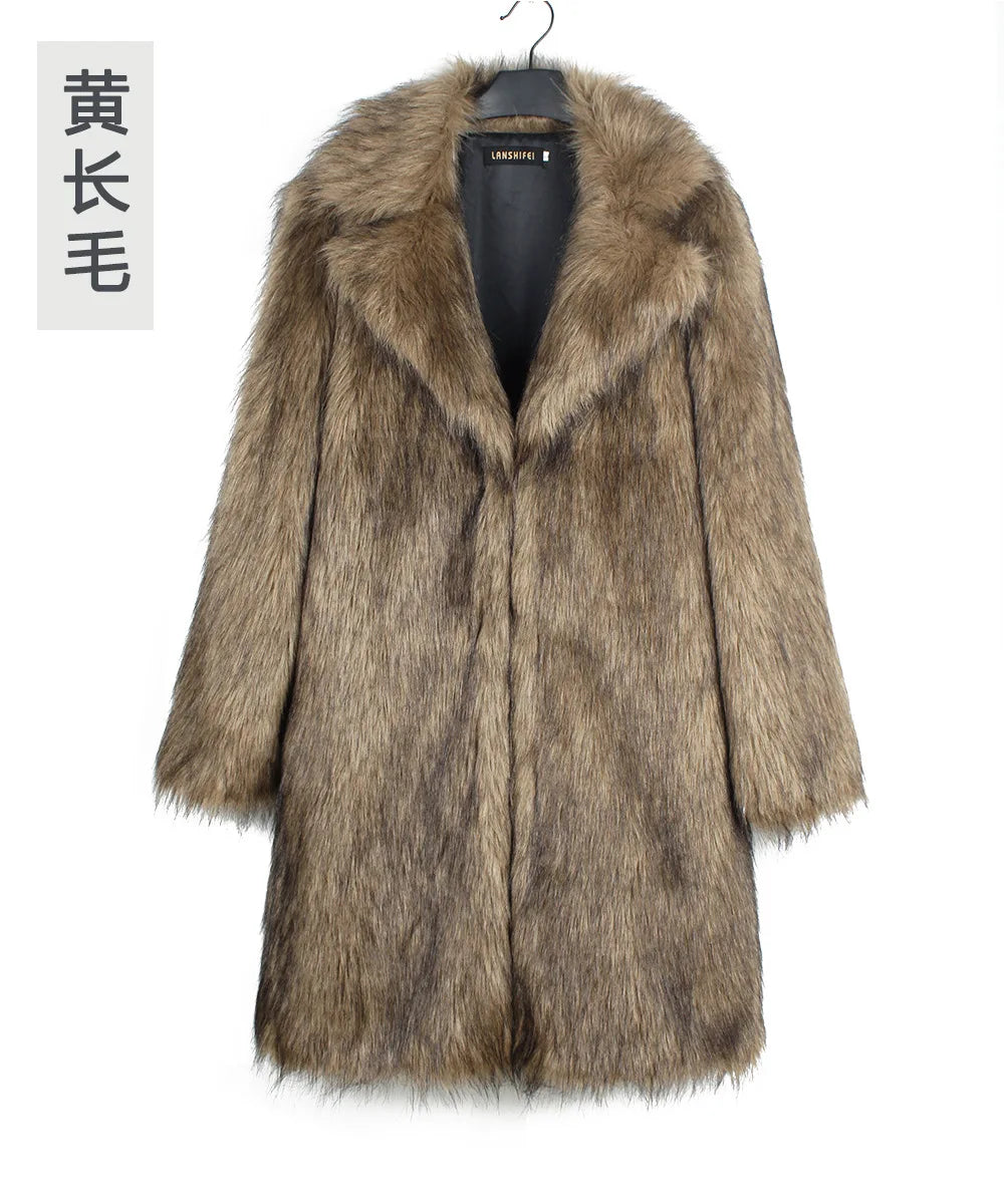 Autumn Winter New Fashionable Suit Collar Men Jacket Synthetic Fur Imitation Fox Fur Thick Medium Long Coat