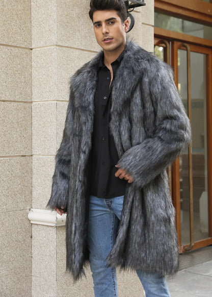 Autumn Winter New Fashionable Suit Collar Men Jacket Synthetic Fur Imitation Fox Fur Thick Medium Long Coat