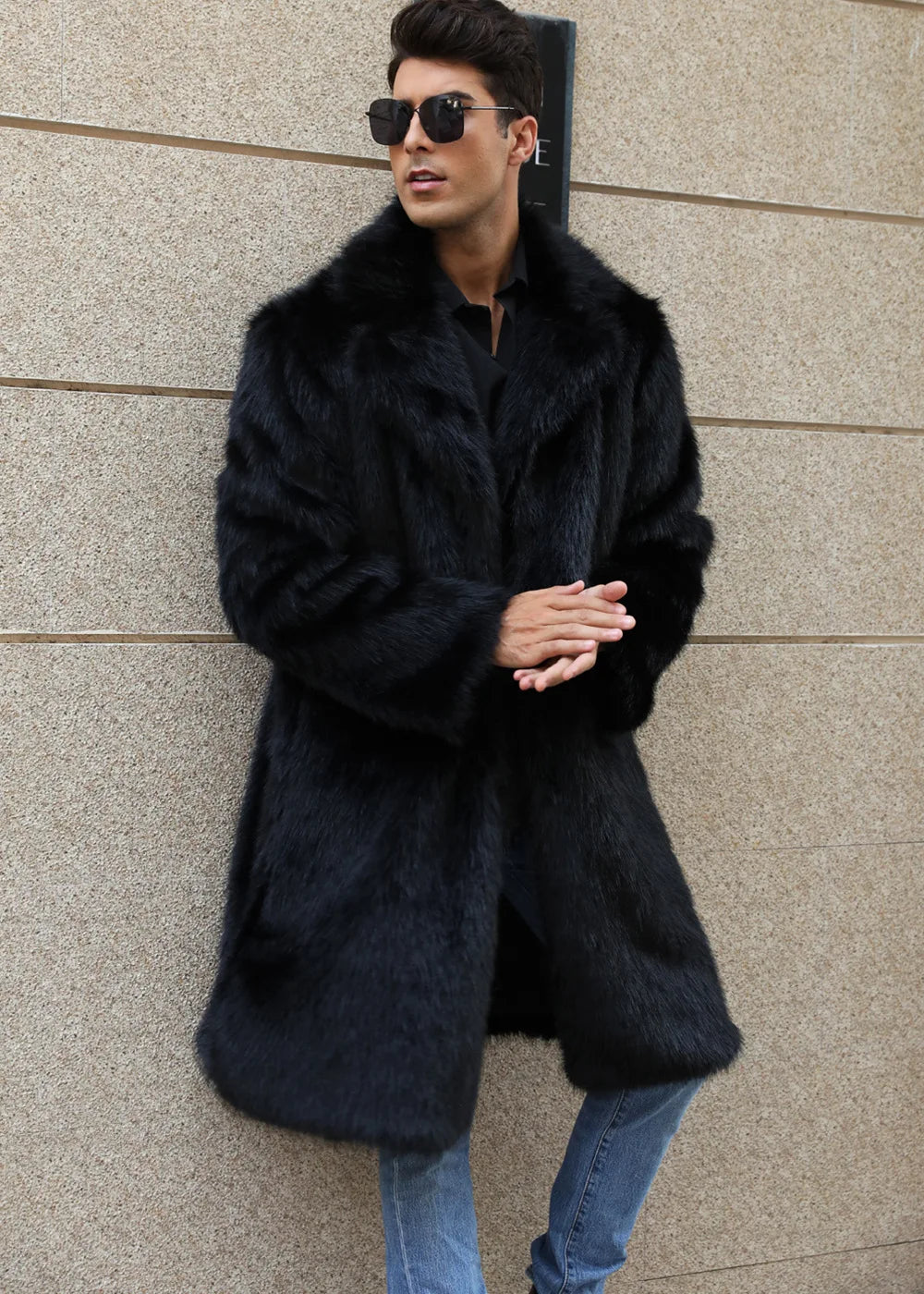 Autumn Winter New Fashionable Suit Collar Men Jacket Synthetic Fur Imitation Fox Fur Thick Medium Long Coat