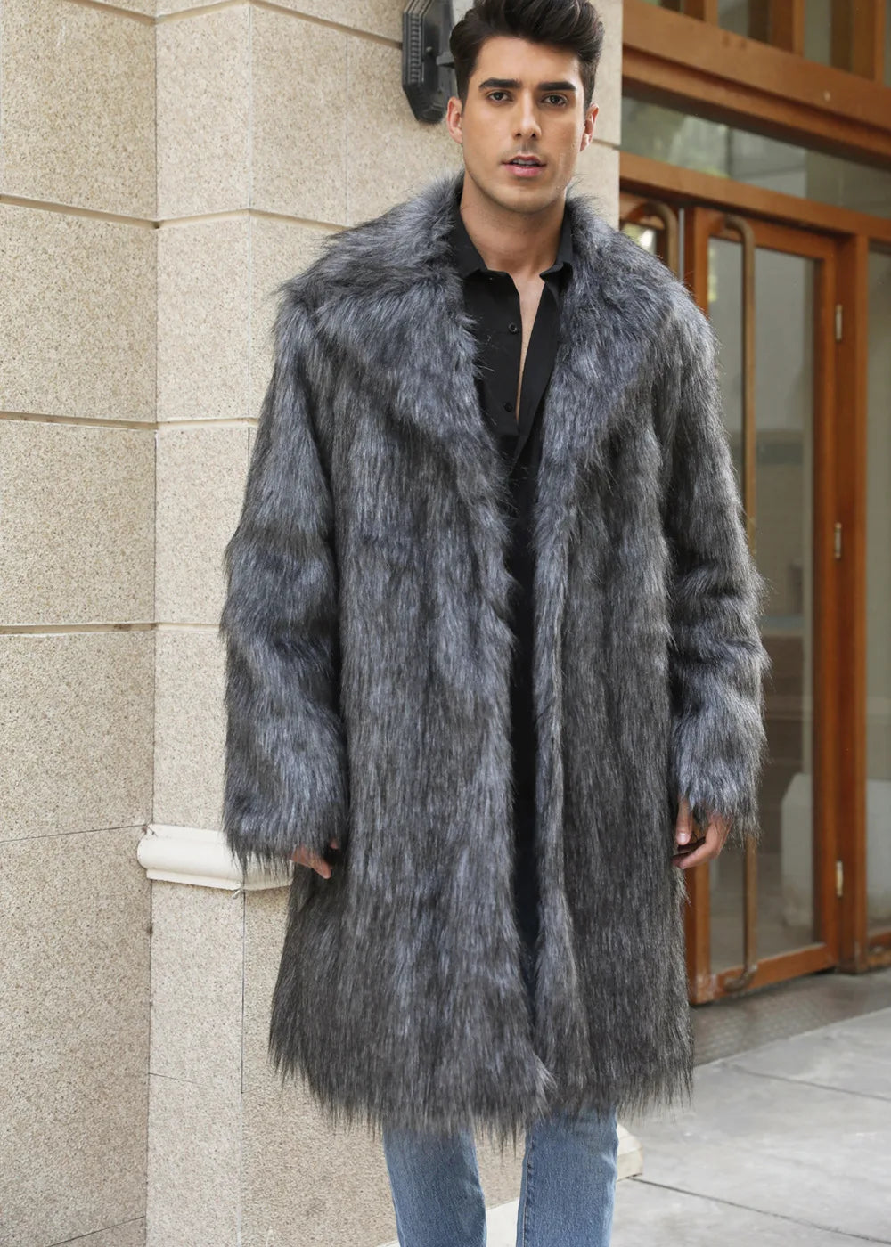 Autumn Winter New Fashionable Suit Collar Men Jacket Synthetic Fur Imitation Fox Fur Thick Medium Long Coat
