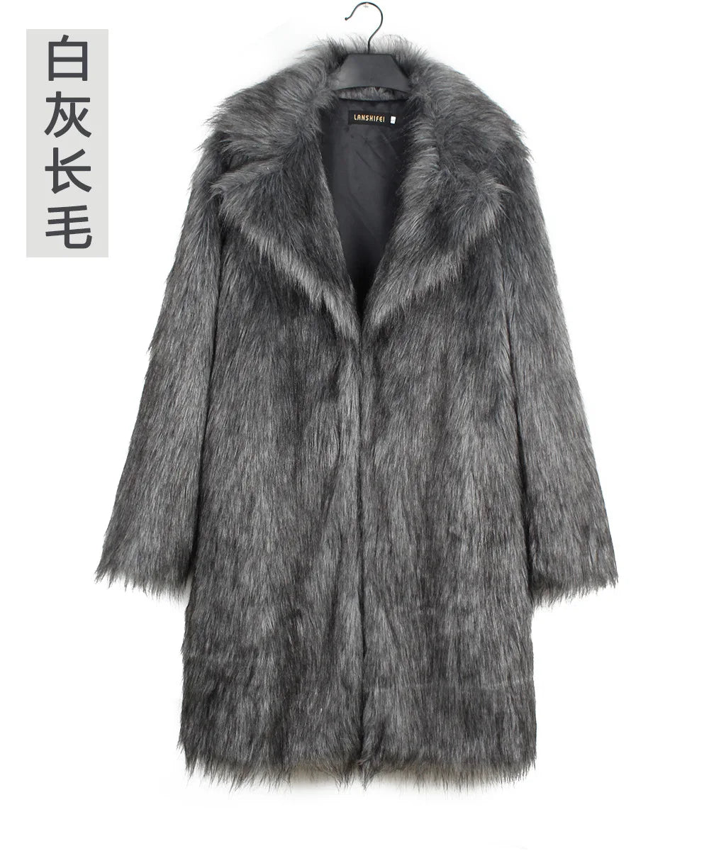 Autumn Winter New Fashionable Suit Collar Men Jacket Synthetic Fur Imitation Fox Fur Thick Medium Long Coat