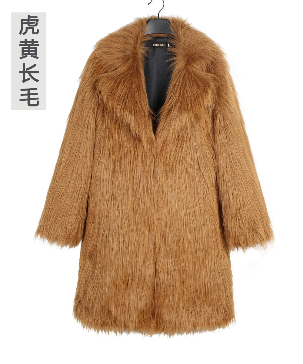 Autumn Winter New Fashionable Suit Collar Men Jacket Synthetic Fur Imitation Fox Fur Thick Medium Long Coat