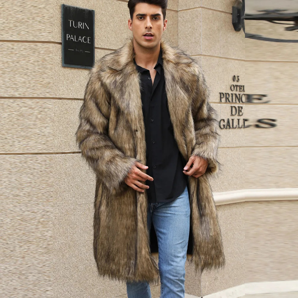Autumn Winter New Fashionable Suit Collar Men Jacket Synthetic Fur Imitation Fox Fur Thick Medium Long Coat